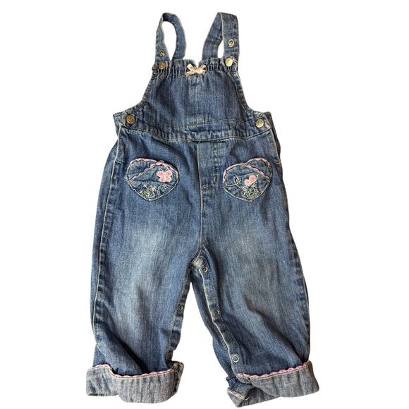 Vintage 6-9 Months 90s Faded Glory Overalls Denim Jean Embroidered Flowers - Picture 1 of 14